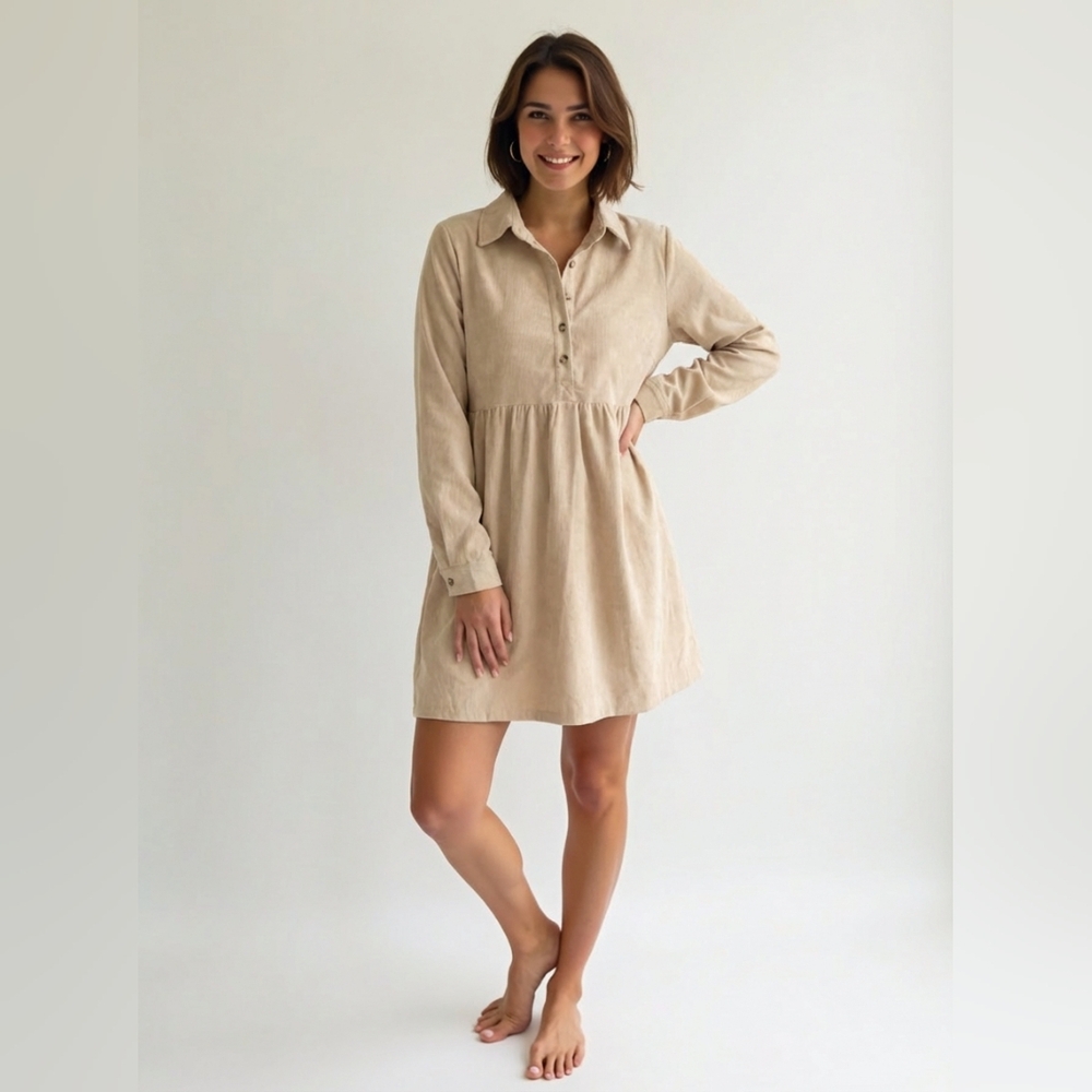 99 Disco Corduroy Half Button Collared Long Sleeve Dress